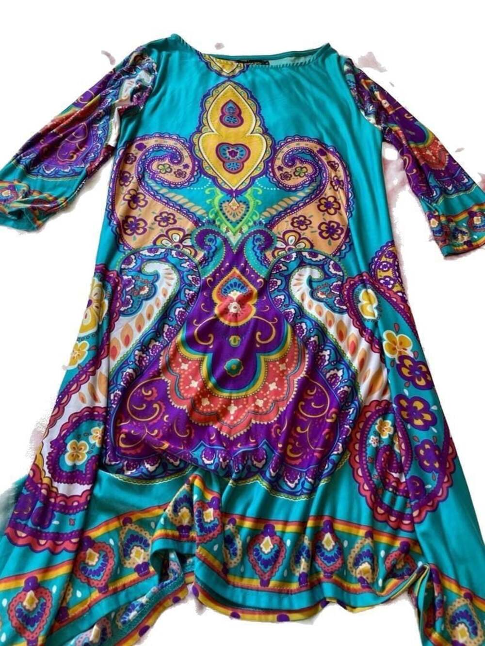 Paisley Print  Boho Style 3/4 Sleeve Y2K Sharkbite Hem Summer Fashion Dress Size